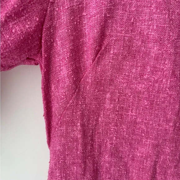 Vintage Pink woven Linen Blend Dress Lace Trim Bell Sleeve Cottagecore 70s 80s - Picture 5 of 12